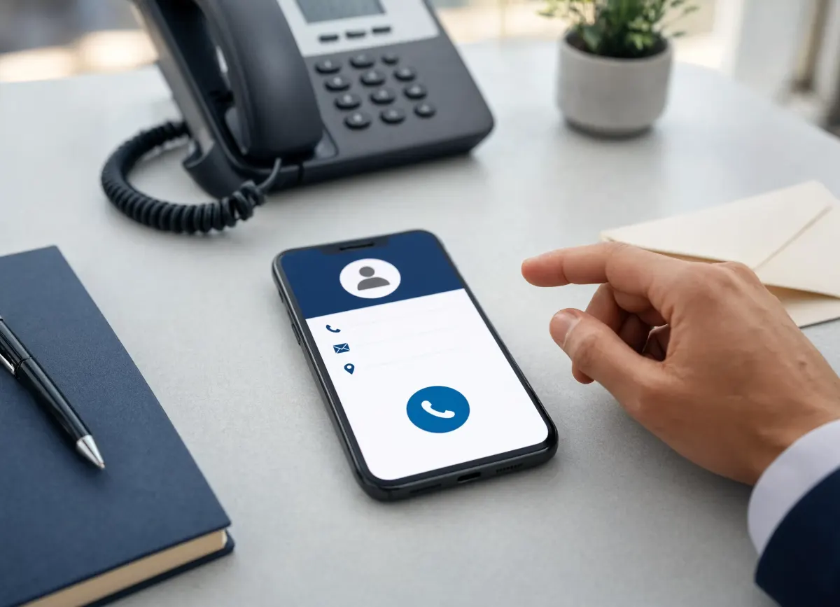 A phone showing a contact screen with a call button