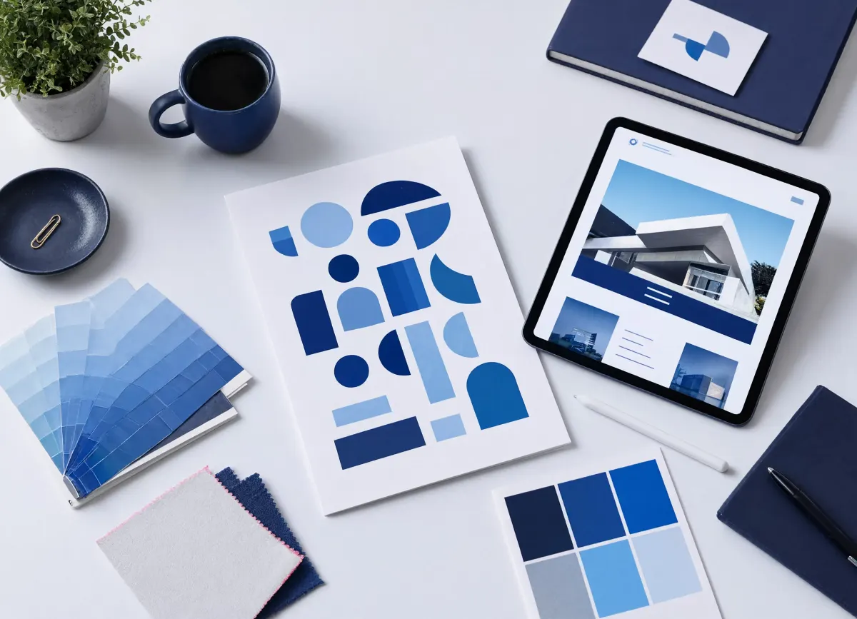 A desk with colour swatches and a website layout on a tablet