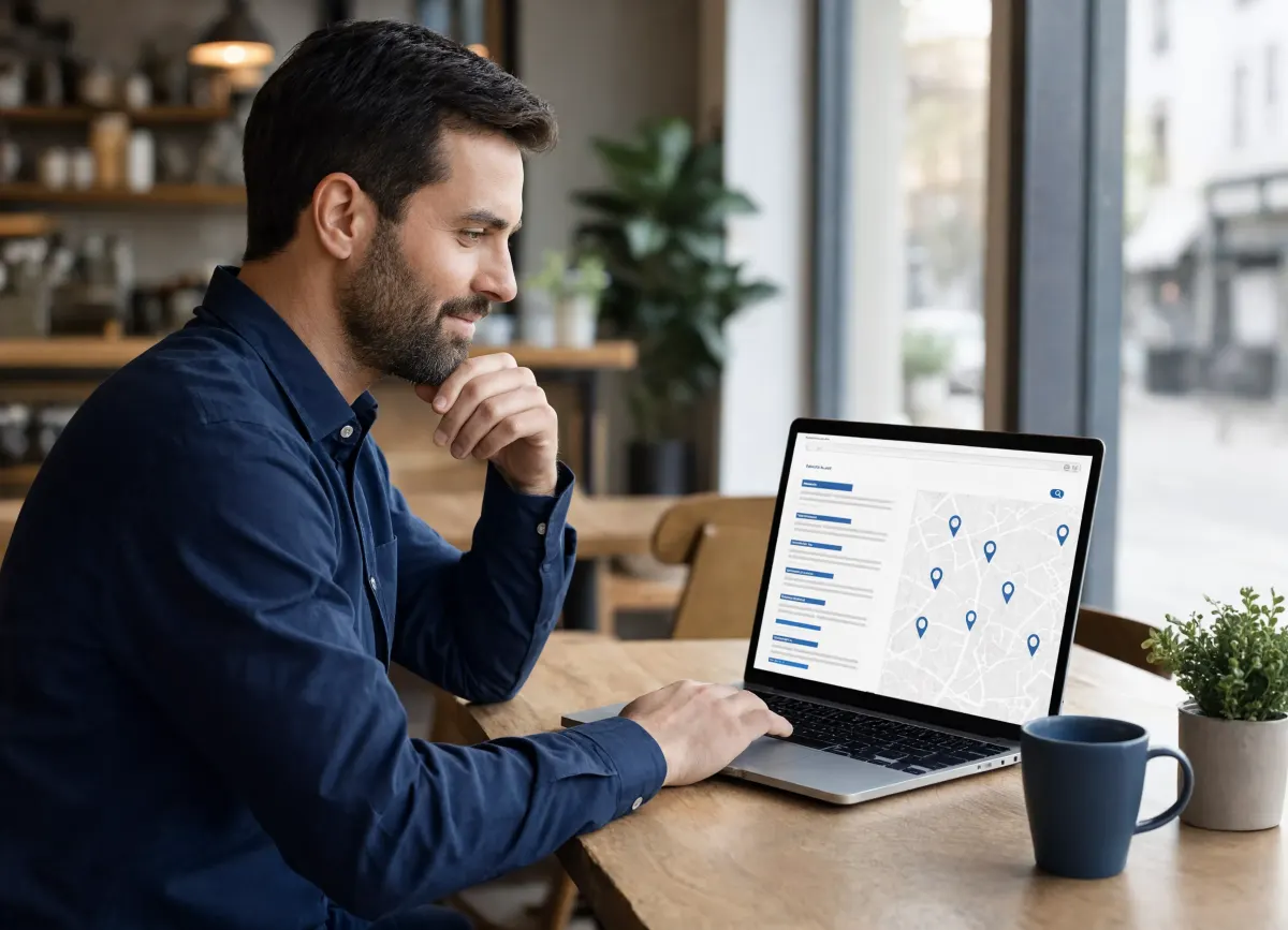 A man looking at local search results with map pins on a laptop