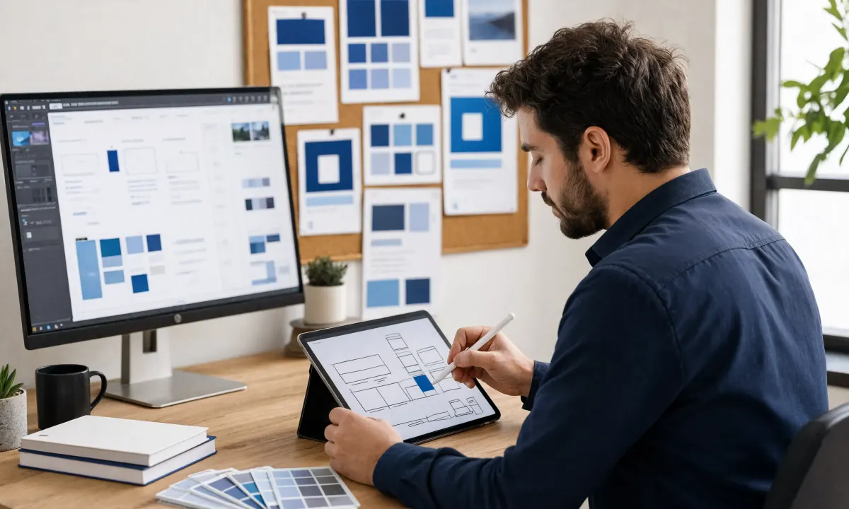 A designer sketching a website layout on a tablet