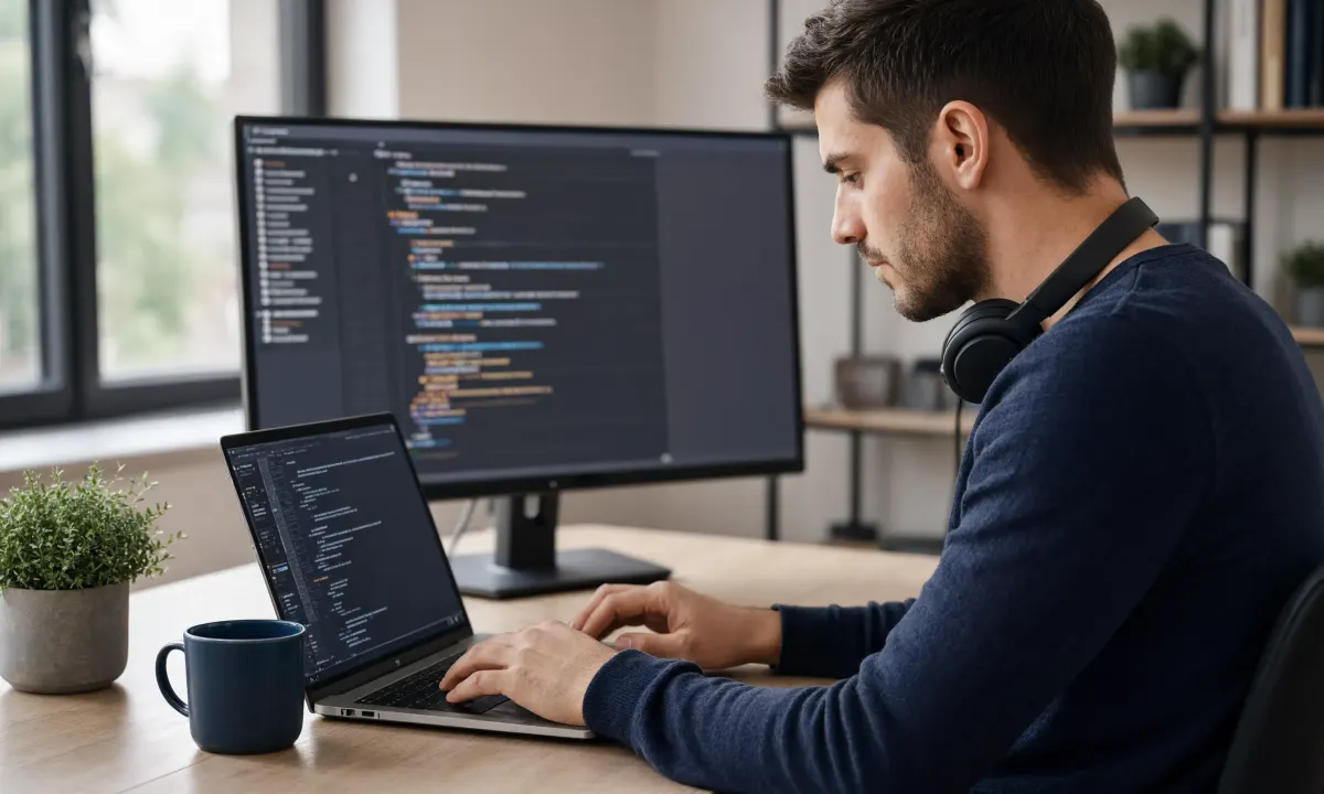 A developer writing code on a laptop